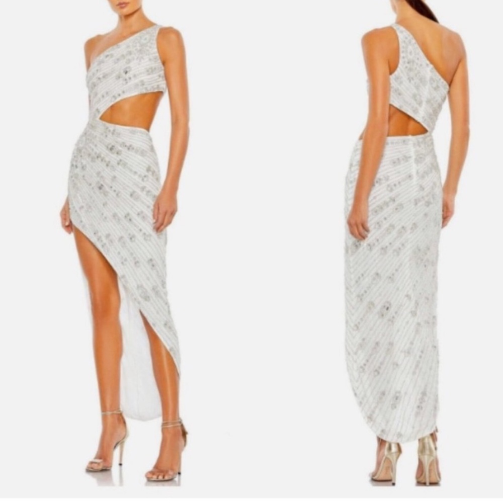 MAC DUGGAL 10880 BEADED ONE SHOULDER CUTOUT ASYMMETRICAL WHITE GOWN sz 4